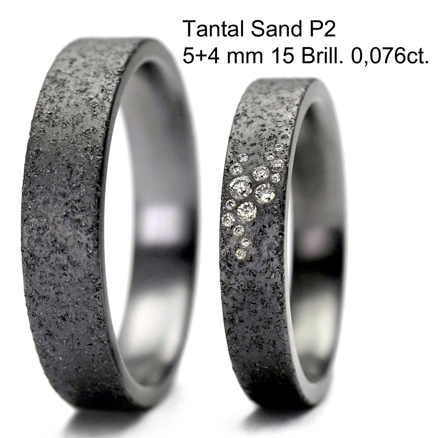 Tantalum Magic Trauringe/Eheringe 5 + 4 mm breite Sand P2 15 Brill. 0,076ct.