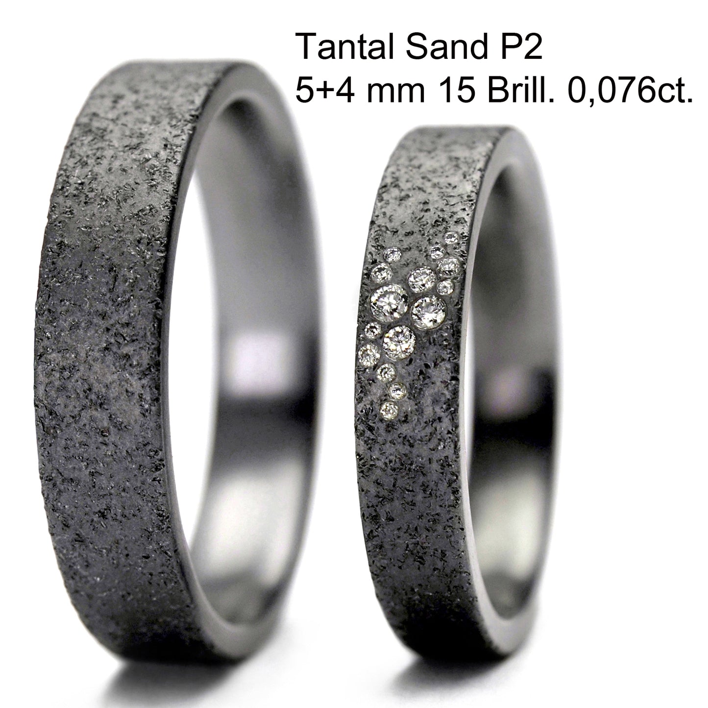 Tantalum Magic Trauringe/Eheringe 5 + 4 mm breite Sand P2 15 Brill. 0,076ct.