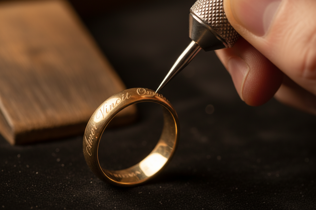 Goldener Ehering mit persönlicher Gravur-Inschrift im Inneren – individualisierter Trauring mit Datum oder Namen