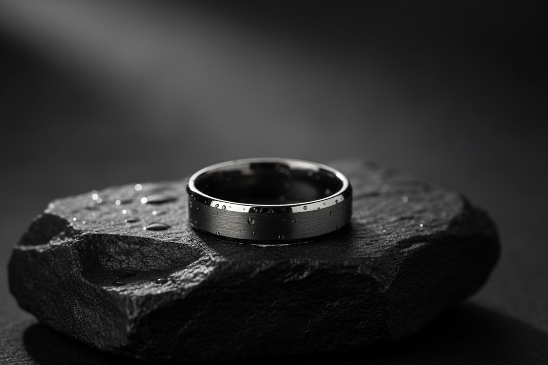 Dunkelgrauer Tantal Ehering auf schwarzem Stein – modernes Ringmaterial für Paare