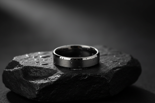 Dunkelgrauer Tantal Ehering auf schwarzem Stein – modernes Ringmaterial für Paare