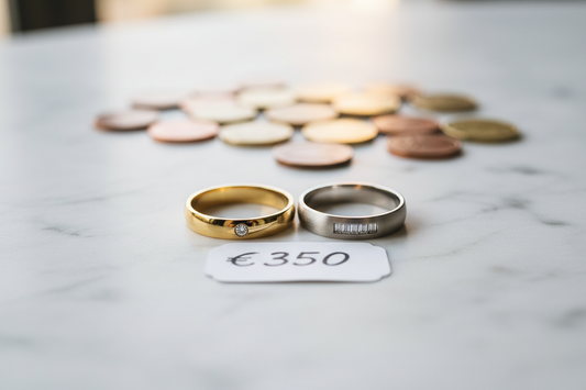 Elegante Trauringe aus Gold und Platin auf Marmor – Preisvergleich für Eheringe aus verschiedenen Materialien