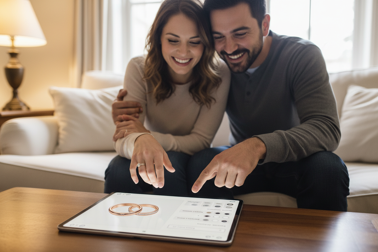 ein paar welches sich zusammen an einem Konfigurator ihre Ringe zusammen stellen