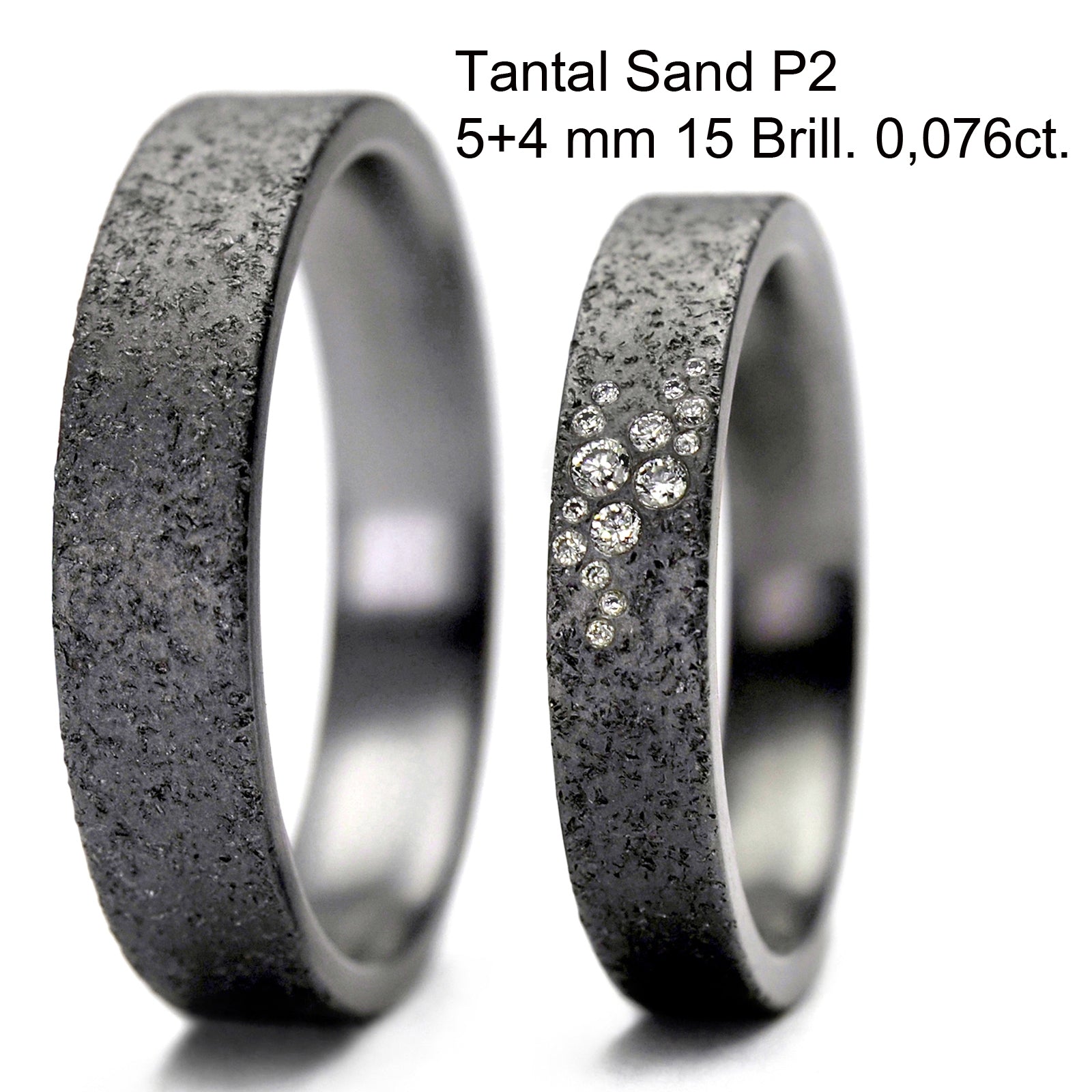 Tantalum Magic Trauringe/Eheringe 5 + 4 mm breite Sand P2 15 Brill. 0,076ct.